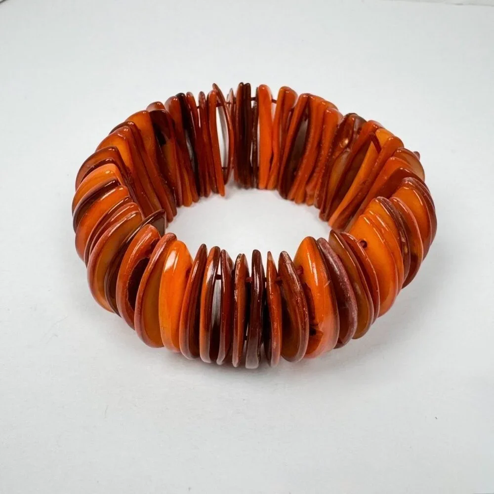 Vintage Hand Crafted Seashells Chunky Stretch Bracelet Coral Tropical Boho 80s